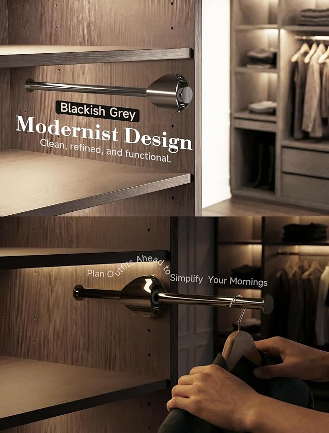 INMAKER Valet Rod for Closet Slide out | Pull out to 9.5" Hanger Rod for ≥12" Deep Closet, Blackish Grey, 2 Pack