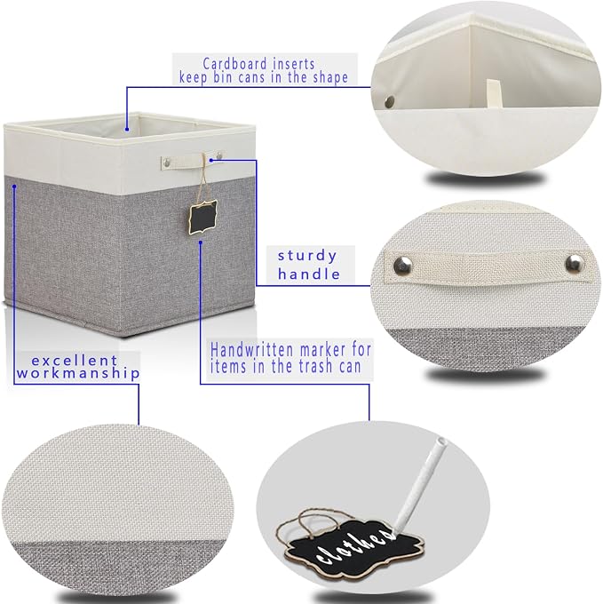 12x12 storage cube bins 4 Pack,Collapsible Fabric Storage Cubes with Labels,Linen Cube Storage Organizer Bins with Cotton Handles,Square Storage Cubes for Home,Office,Clothes,Cabinet (White Grey).