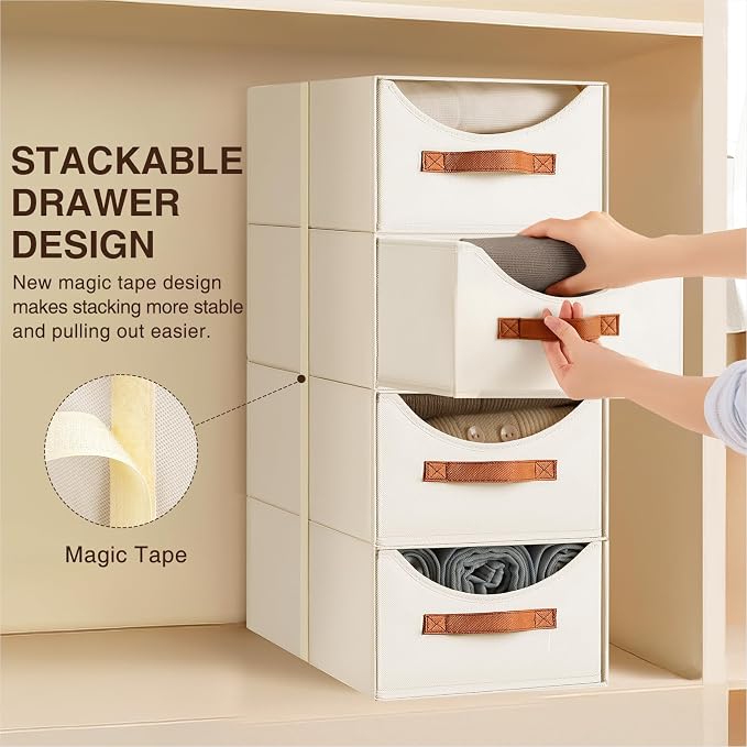 Homsorout Large Closet Storage Bins with Drawer, Fabric Bins for Organization, Collapsible Storage Drawers Organizer for Bedroom, Living Room, 6 Pack, Beige