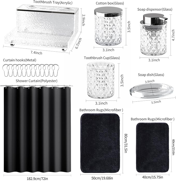 Bathroom Accessories Set - 20PCS Glass Bathroom Set with Shower Curtain and Rugs, Soap Dispenser, Soap Dish, Cup, Qtip Jar, Toothbrush Holder, Stylish & Functional Bath Decor for Home, Apartment