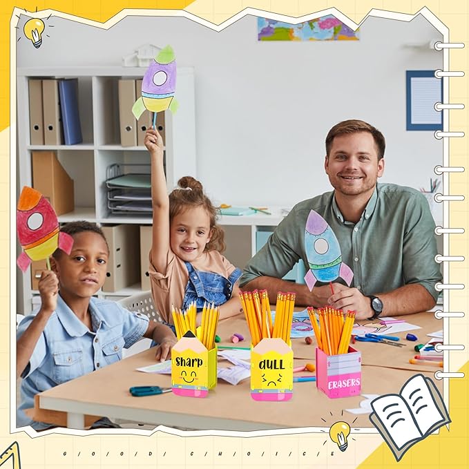 DoubleFill 3 Pcs Sharp and Dull Pencil Holder Eraser Buckets Wooden Shaped Dispenser for Back to School Teachers Classroom Management(Yellow Face)