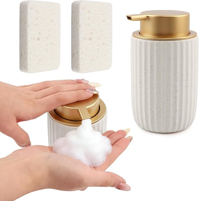 2 Pack Ceramic Foaming Soap Dispenser with Removable Pump, 12 oz Refillable Bathroom & Kitchen Hand Soap Dispenser, Modern Decor for Bathroom & Kitchen