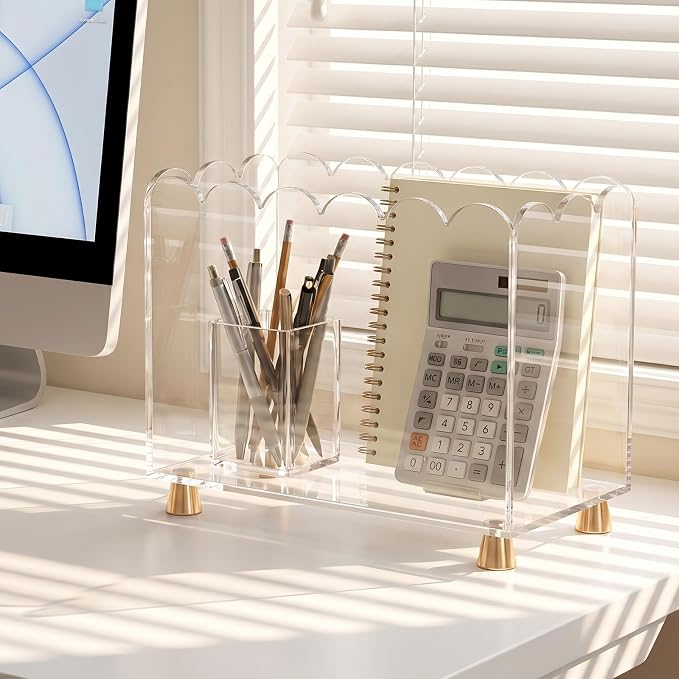 Acrylic Magazine Holder, Clear Acrylic Magazine File Holder, Acrylic Magazine Rack Floor with Curved Edge and Gold Metal Feet, Space Saving Organizer for Books, Magazines, Mail, Documents