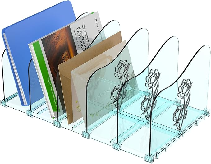 Adjustable Rose File Organizer for Desk, Vertical File Folder Holders for Magazines, Upright Desktop Binder Organizer, Clear Paper Bookshelf Divider File Sorter for School Office Supplies