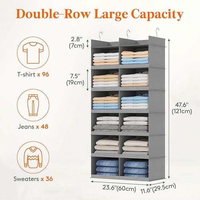 Lifewit Dual-Row Shelf Hanging Closet Organizer and Storage, Clothes Shelves with 3 Sturdy Hooks for Clothing Organization, Foldable Container Hold Up to 36 Sweaters, 6 Tier 12 Sections, Light Gray