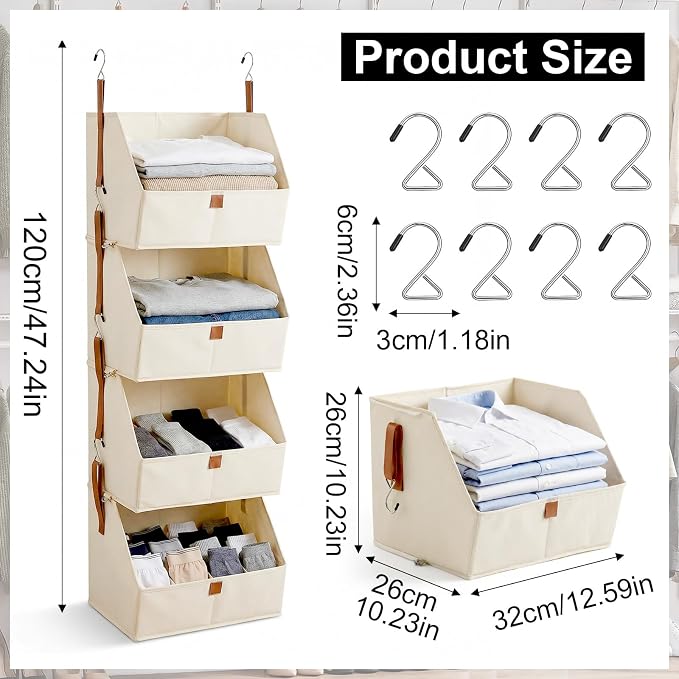 4-Tier Hanging Closet Organizer and Storage, Foldable Fabric Shelves with Hooks, Space-Saving Hanging Shoe Organizer for Bedroom, Dorm, RV, Beige