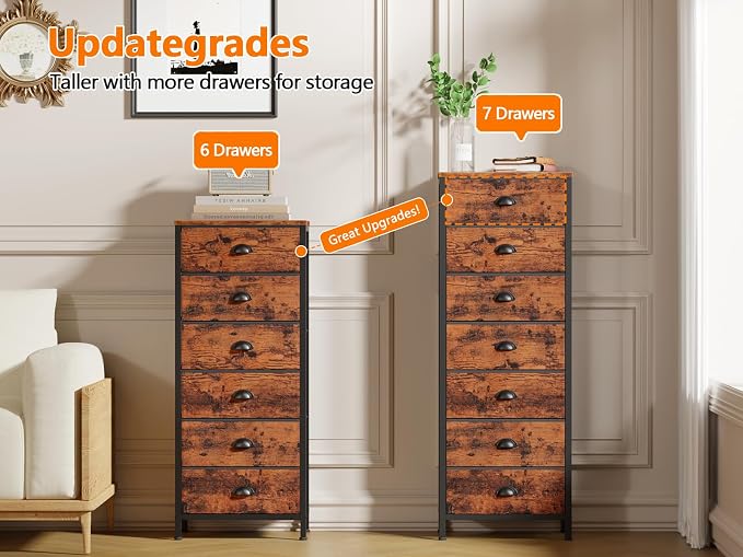 Furnulem Dresser for Bedroom, 7 Drawers Tall Chest of Drawers | Rustic Brown Storage Organizer, Fabric Bins, Metal Frame, Wood Desktop, Dorm Vertical Closet,Bedside Furniture in Living Room