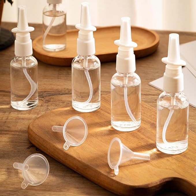 10 Pcs Nasal Spray Bottles, 30ML/1oz Transparent Glass Refillable Fine Mist Empty Clear Nasal Spray Bottle with 2 Funnels and 2 Labels