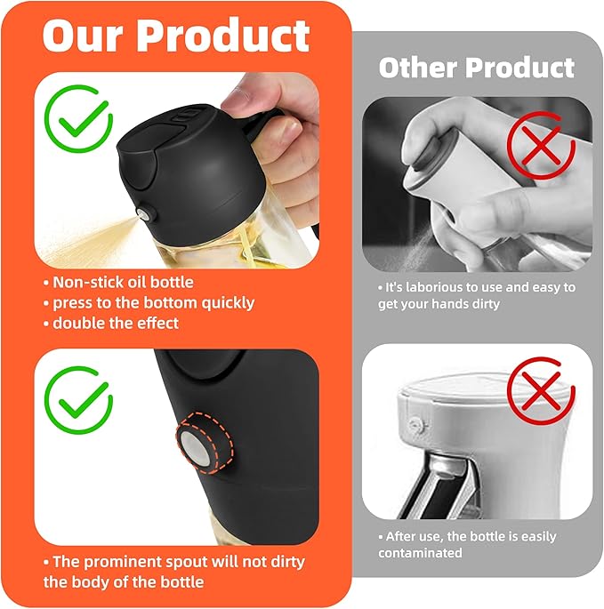TrendPlain 16oz/470ml Glass Olive Oil Sprayer for Cooking – 2 in 1 Olive Oil Dispenser Bottle for Kitchen Gadgets and Air Fryer Accessories, Salad, BBQ - Black & Navy