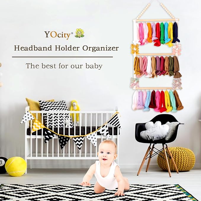 YOcity Headband Holder Organizer for Girls Baby Hair Accessories Organizer Hair Bow, Clip, Hair Tie,Headbands Storage Hanging Decor for Nursery Toddler Girls Room (White)