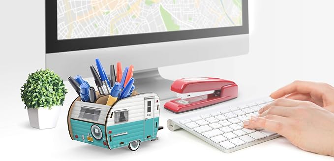 Genuine Fred HAPPY CAMPER Vintage Camper Pencil Holder, White and Blue, Retro Desk Organizer- Great Gift for Coworkers and Travel Enthusiasts - Functional Desk & Cubicle Accessory