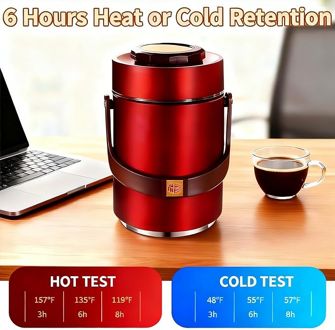 67oz Vacuum Insulated Lunch Food Container for Hot Food, 3 Tier Stackable | Adults Stainless Steel Wide Mouth Thermal Lunch Box, Leak-Proof Thermo Food Jar for Office & Outdoor (Red)