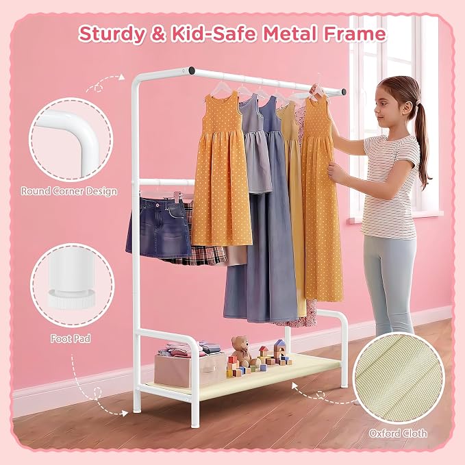 LOVEGRASS Kids Clothing Rack Double Rods for Bedroom Playroom White | Double Rod Design, Powder Coated Steel, Bottom Storage Shelf, for Baby Toddler Clothes, Dress Up, Nursery, Bedroom, Playroom