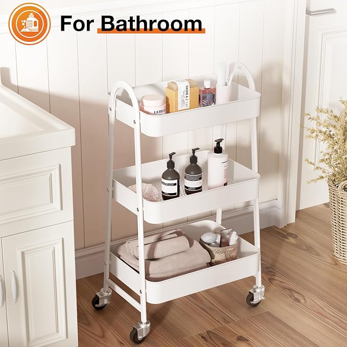 NEWBULIG 3-Tier Metal Rolling Cart with Lockable Wheels, Heavy Duty Mobile Utility Storage Shelf, Roller Book Snack Cart, Organization for Livingroom, Bathroom, Office, White