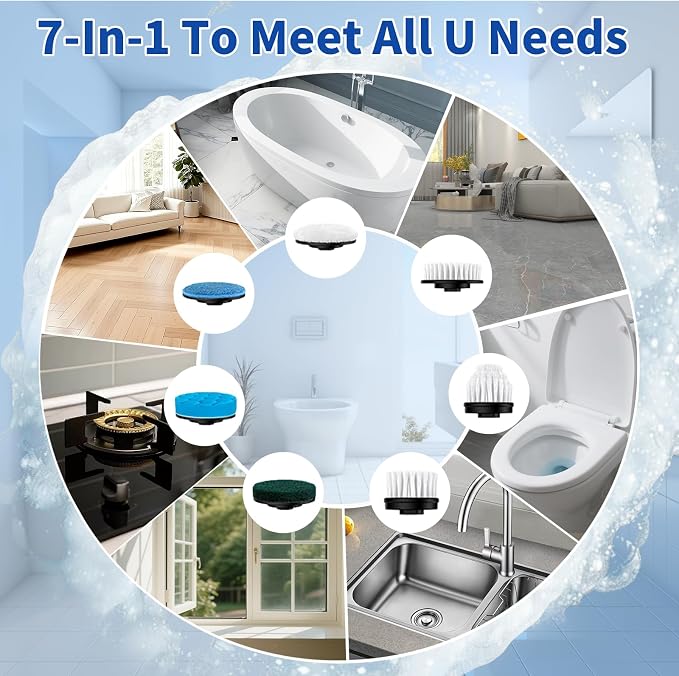 Electric Spin Scrubber, Hillyfe Bath Scrubber for Cleaning with 7 Replaceable Brush Heads, IPX7 Waterproof,300/400 RPM, 3 Adjustable Size,Cordless Shower Cleaner Brush for Bathroom Floor,Beige