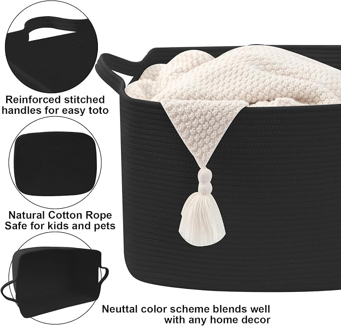 65L Collapsible Woven Rope Laundry Basket with Handles,Black | 21x16x12 Foldable Rectangular Blanket Basket for Toys, Clothes & Pillows,Ideal for Nursery, Bathroom, Bedroom, Living Room
