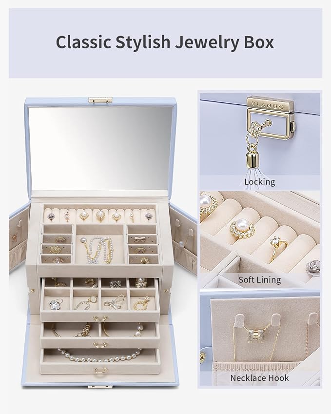 VLANDO Jewelry Box for Girls, 4-Tier Jewelry Organizer with Lock, Mirror Jewelry Box for Earring, Ring, Necklace and Bracelets - Purple