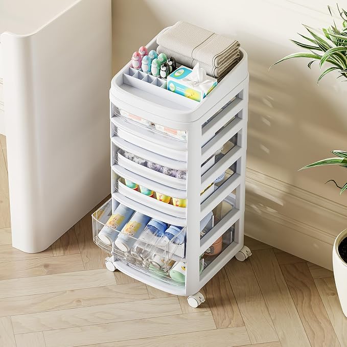 Rolling Cart with 6 Drawers, Clear Plastic Drawer Organizers, Dust Proof Under Desk Storage for Makeup, Skincare, Art Crafts and Baby Items, Acrylic Cosmetic Organizer with Dividers, Vanity Cart