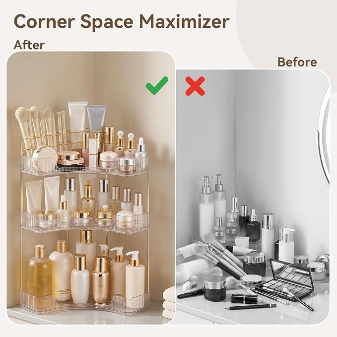 3-Tier Corner Bathroom Counter Organizer with Makeup Brush Holder, Clear | Large Makeup Organizers for Vanity, Corner Bathroom Countertop Organizer for Cosmetic Perfume Skincare Storage