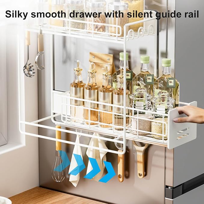 Magnetic Shelves for Fridge with Sliding Shelf, White Magnetic Spice Rack for Refrigerator, Magnetic Refrigerator Side Shelf with 5 Hooks, Magnetic Hanging Shelf for Laundry Room