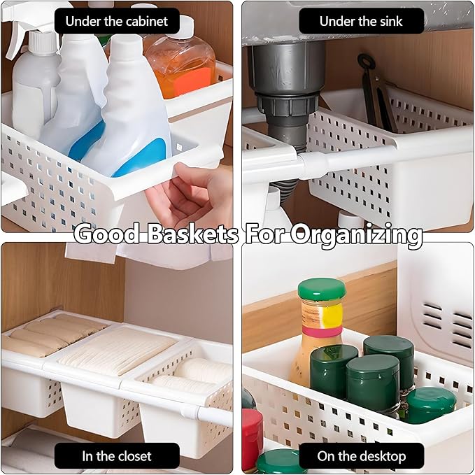 Gonetre Shelf Baskets Storage Basket for Expandable Rod Under Sink Organizer PP Plastic Hanging Basket for Closet Wardrobe Kitchen 30*16*8CM Storage supplies