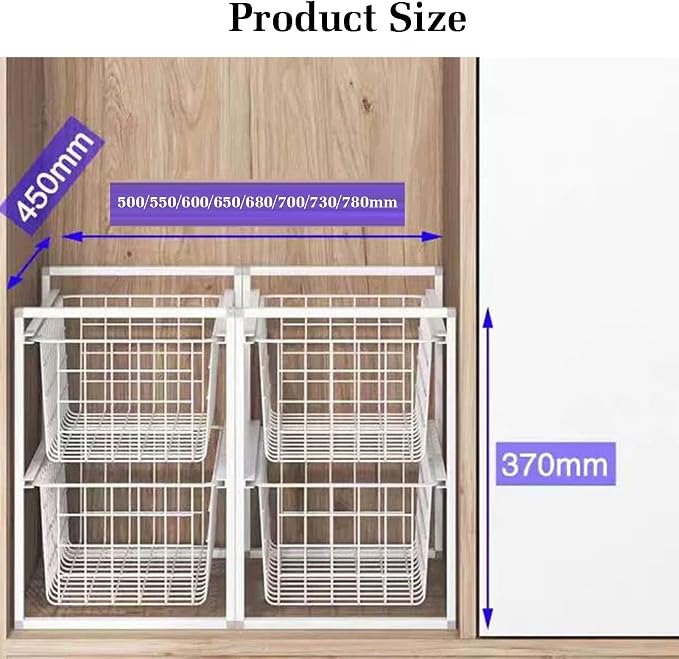 Compact Hanging Pullout Drawer Basket, Stackable Shelf Baskets Organizer,Shelf Steel Wire Pullout Hamperfor Kitchen,Pantry,Wardrobe(450x370x500mm)