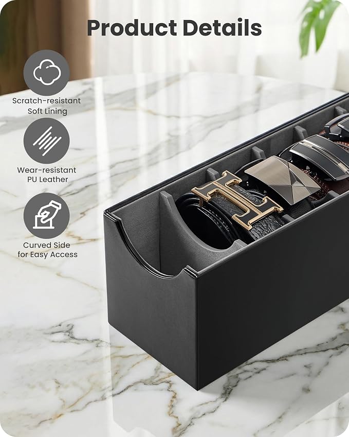 Lolalet Belt Organizer for Closet, Belt Box & Storage Drawer -Black | PU Leather Belt Holder with 7 Extra-Wide Compartments, Soft Lining, Fits Entryway Cabinet, for Men & Women, 1 Pack