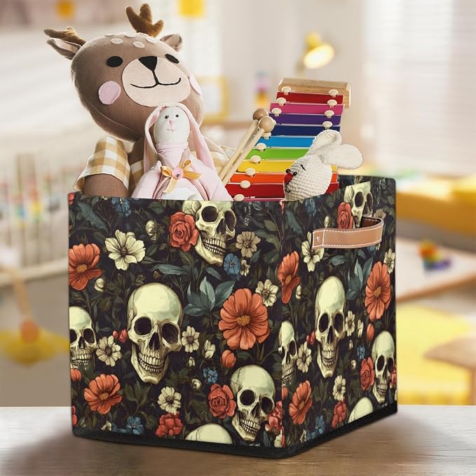 TropicalLife Floral Skull Storage Cube, 13 Inch Fabric Cube Storage Organizer Bin for Shelves Clothes, Decorative Foldable Storage Boxes