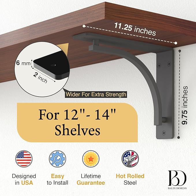 Classic Black Heavy Duty Shelf Brackets 12 inch by Balin Designs– L Bracket, Wall Mounted Support, Extra Wide Bracket, Decorative Shelf Brackets, Fireplace Mantel with Hardware Included, Set of 2