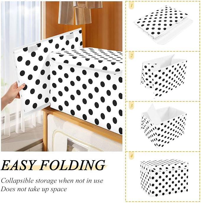 ALAZA Polka Dots Black White Storage Bins Organizer Box Baskets Lidded Clothes for Shelves Closet Collapsible Stackable Storage Cubes Handles