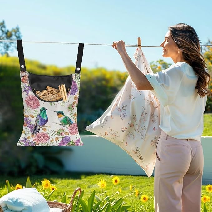 Hummingbird Clothespin Storage Hanger Bags Hydrangea Laundry Clothespin Bag, Clothespin Bag with a Large Opening, Hanging Storage Organizer with Hanging Rope for Home Outdoor