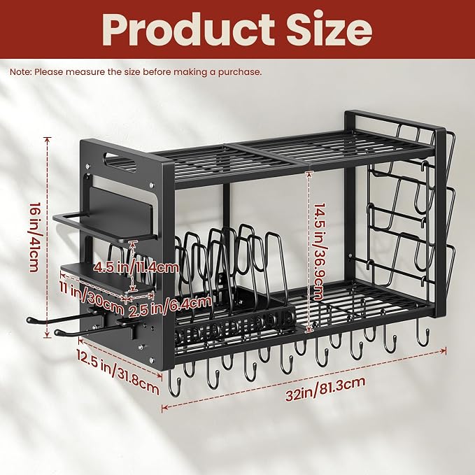 Pot Rack Wall Mount, Hanging Heavy Duty Metal Pan Organizer with 20 Hooks,Pot Shelf with 3 Pot Lid Holder with 8 Adjustable Dividers Loads 100lbs for Kitchen Cookware and Utensil storage