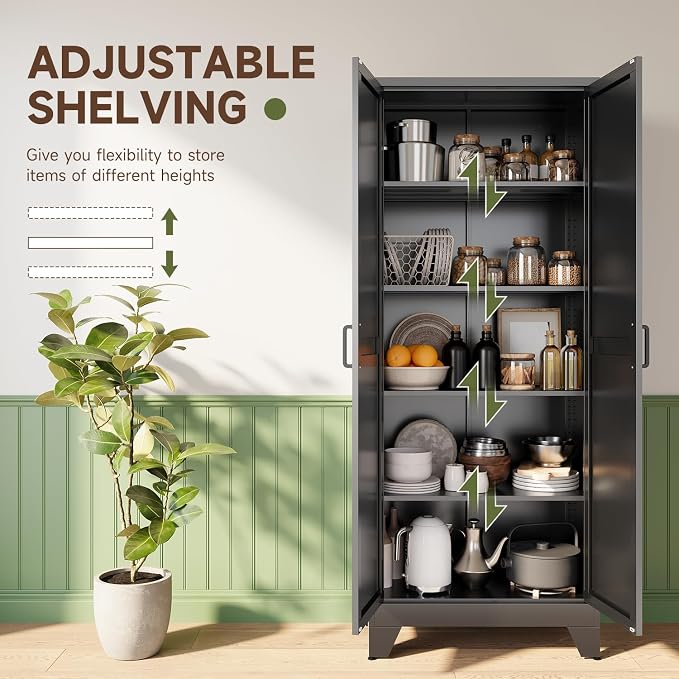 Letaya 75" H Metal Storage Cabinet with 2 Doors and 4 Shelves,Tall Kitchen Pantry Cabinets,Farmhouse Utility Pantry Organizers for Cupboard/Dining/Bathroom/Home Office/Garage Room,Black