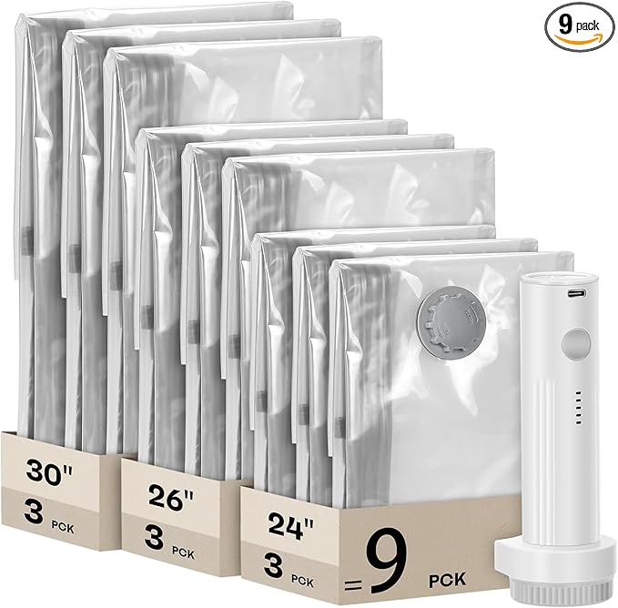 Vacuum Seal Bags For Clothing Travel With Wireless Electric Pump，9 Combo Space Saver Vacuum Storage Bags In 3 Sizes，Compression Travel Packing For Luggage,Ideal For Air Planes, Apartments