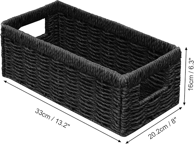 Vagusicc Wicker Storage Basket, Set of 2 Hand Woven Wicker Baskets for Organizing with Handles, Decorative Small Storage Bins for Countertop Toilet Paper Basket for Toilet Tank Top Shelves, Black