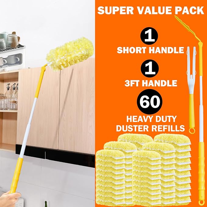 60 Heavy Duty Duster Refills for Swiffer Duster, Large, Yellow | 2 Side Extra Thick, 3 ft Handle & 1 Short Handle, Multisurface 360 Dusters kit for Dusting Furniture, Fans, Blinds, Corners