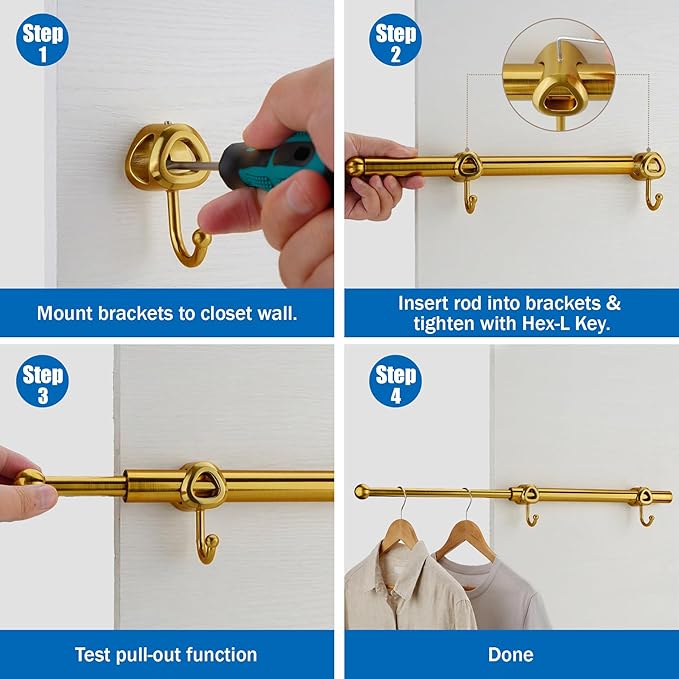 Valet Rod for Closet Pull Out with Hooks, Easy To Install (Brushed Gold, 12 Inch)