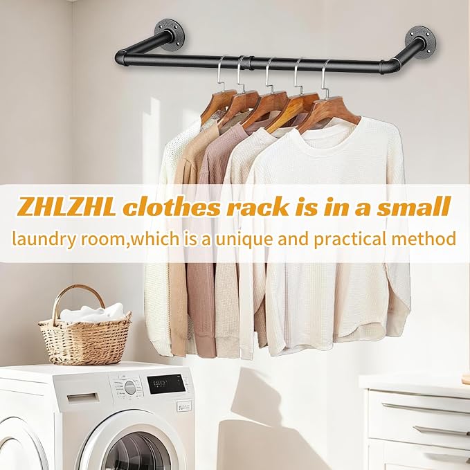 36 INCH Industrial Pipe Clothes Rack,Wall Mounted Clothes Rack,Metal | 150lbs Max Heavy Duty Clothing Rack,Powder Coating Surface,Space-Saving Hanging Rod for Laundry Room,Bedroom,Closet Storage