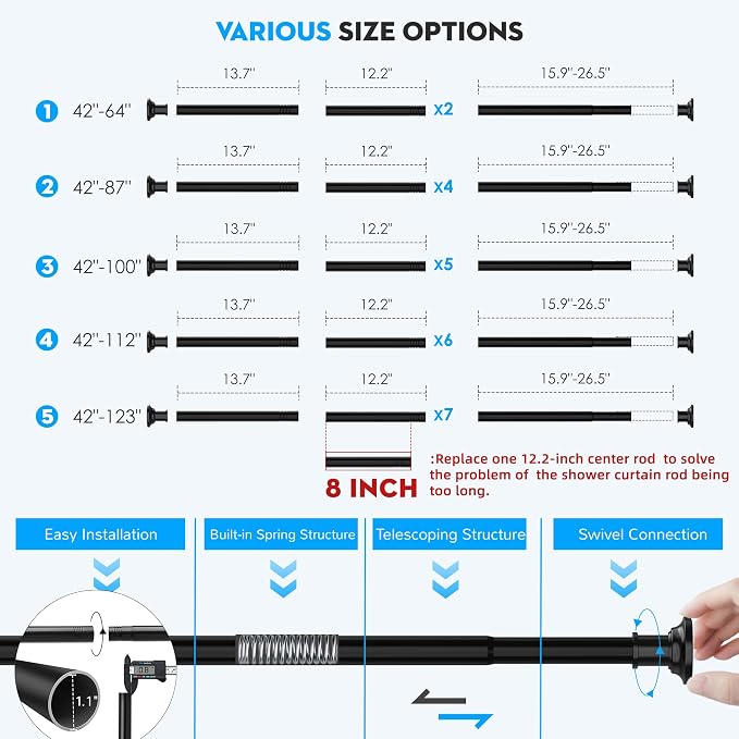 Outdoor Tension Rods No Drilling Patio Long Shower Curtain Rod 40-120 Inch | 10FT Tension Curtain Rod,Heavy Duty,1.1 Inch Thick Diameter,Spring Adjustable,No Rust,Bathroom,Windows,Black