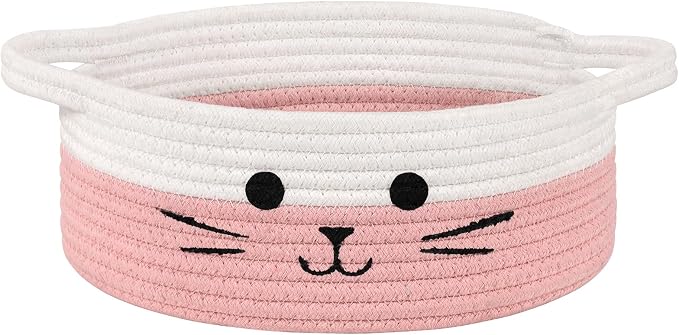 Cute Cat Toy Basket, Small Woven Basket for Nursery, 9.8"x4" | Decorative Basket for Cats Dogs Toys Storage, Cat Basket With Handles, Pet Gift Basket for Living Room, White & Pink