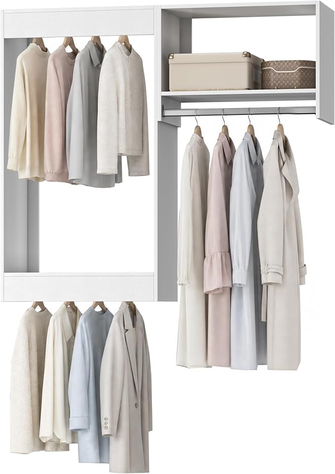 Modular Closet System, 64" Wide Wall-Mounted Closet Tower Organizer with Rods for Walk-In Closet Storage, White