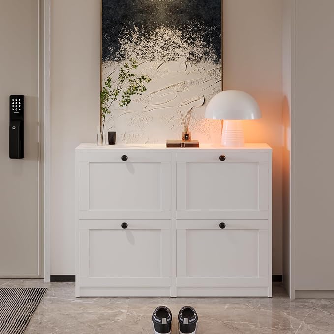 VOWNER Shoe Cabinet with 4 Flip Drawers, Freestanding Shoe Storage Cabinet with Adjustable Shelf & Anti-Tipping Device, Shoe Rack for Entryway, Hallway, Living Room (White) | 4 Flip Drawers