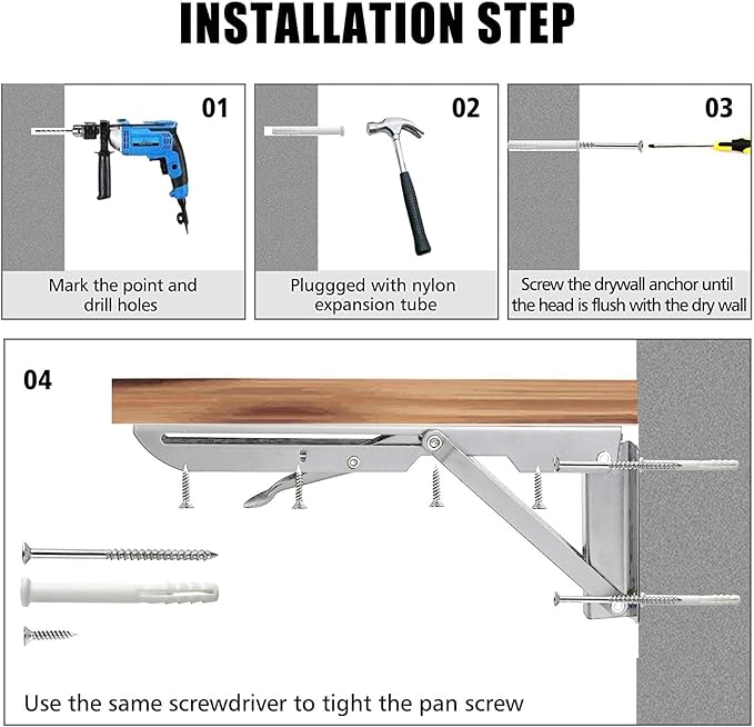 Folding Shelf Brackets 12 inch 2 Pcs Max. Load 220lb - Heavy Duty Stainless Steel DIY Wall Mounted Collapsible Shelf Bracket, Space Saving for Garage Workstation, Stuff Supports, Table, Workbench