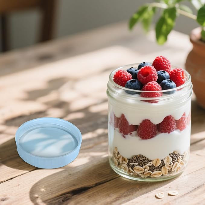 SHOWIN Overnight Oats Containers with Lids, 16oz Glass Jars with Lids 4 pcs, Light Blue, Wide Mouth Mason jars for Salad, Yogurt, Snacks, Meal Prep