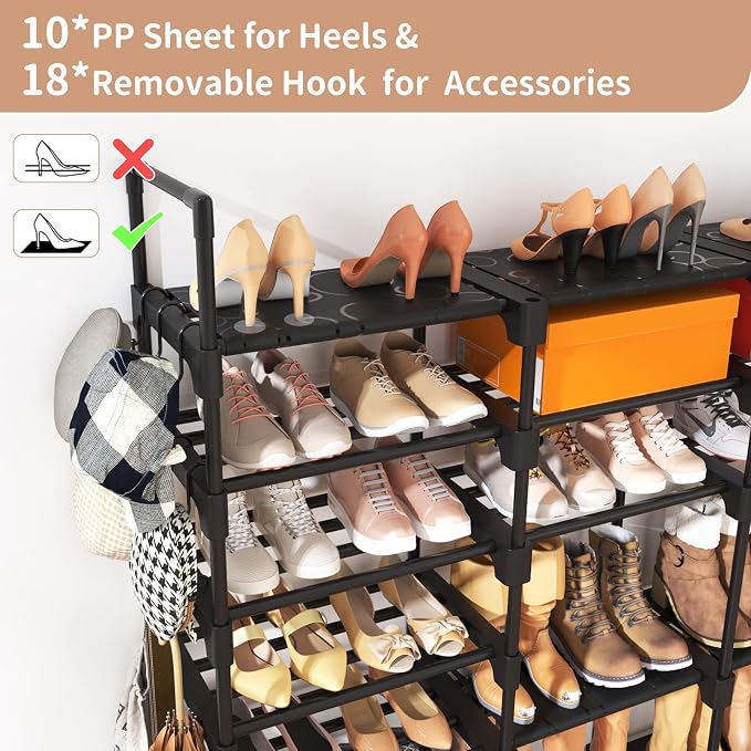 ROJASOP Large Shoe Rack Organizer for Entryway Closet 64-68 Pairs 9-Tier Heavy Duty Tall Garage Shoe Rack Shoe Shelf Shoes Storage with 18 Pcs Removable Side Hooks for Bedroom and Garage Black