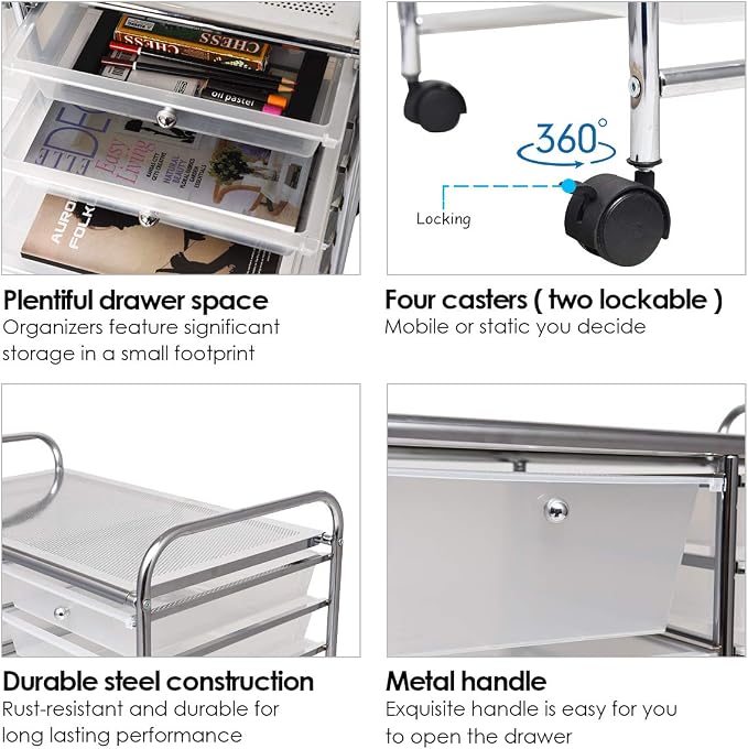 RELAX4LIFE 15-Drawer Rolling Storage Drawer Cart Organizer | 34.5"H Chrome Frame, Semi-Transparent Clear Drawers Rolling Wheels; School Office Home Salon Multipurpose Utility Storage