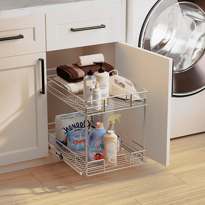ROOMTEC New Version Pull Out Cabinet Organizer for Base Cabinet (14" W X 21" D), Kitchen Cabinet Organizer and Storage 2-Tier Cabinet Pull Out Shelves Under Cabinet Storage for Kitchen Silver,Chrome