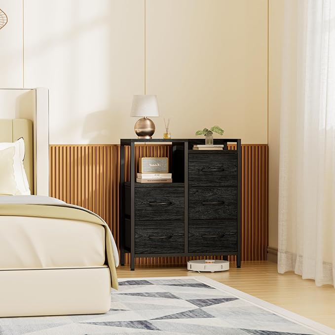 Furnulem Black Dresser for Bedroom, 5 Drawer Small Fabric Closet Dresser | Small Chest of Drawers, Storage Cabinet Organizer with 2 Tier Shelf, Drawer Units with Metal Frame, Dresser for Dorm, Hallway
