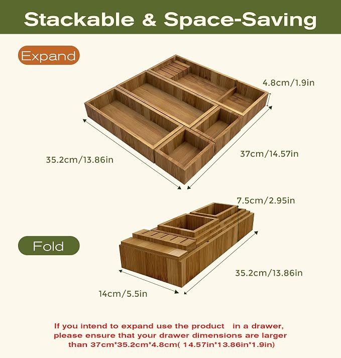 KOCWELL Bamboo Silverware Drawer Organizer with Knife Block, 5 Removable Drawer Organizer Bins - Multi-Use for Kitchen Utensils, Office, Makeup, Tools Storage