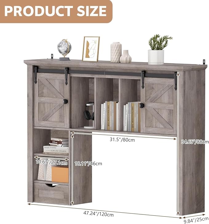 Large Desktop Bookshelf with Sliding Barn Door, 47.2''W Desk Shelf Display Rack, Desktop Organizer Storage Rack with 7 Cubbies and Drawer, Home, Desk Shelf for Office, Dorm, Vanity, Oak
